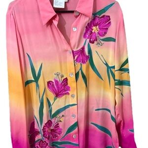 Valenti Hand PAINTED 100% Silk ART TO WEAR Ombre Blouse Women M Beaded Sequined